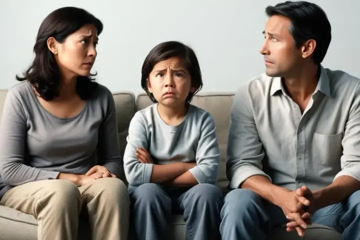 Bambino triste tra genitori separati, con cellulare in mano, che guarda in alto con espressione preoccupata.