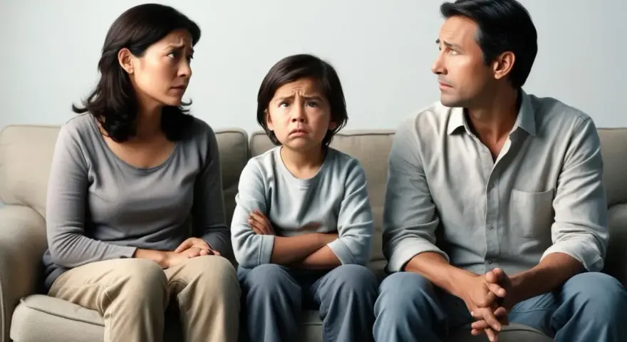 Bambino triste tra genitori separati, con cellulare in mano, che guarda in alto con espressione preoccupata.