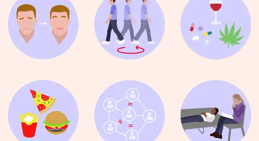 Illustrazione di un percorso di guarigione: da tristezza a felicità, da isolamento a connessione, da dipendenze a terapia. Un aiuto per chi lotta con il borderline.