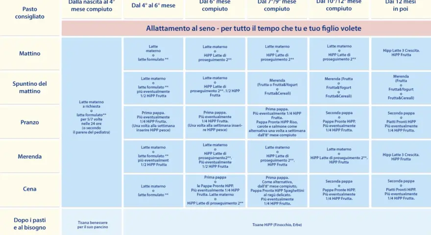 Schema alimentare per neonato 4 mesi: latte materno o formulato, pappe, frutta e yogurt.