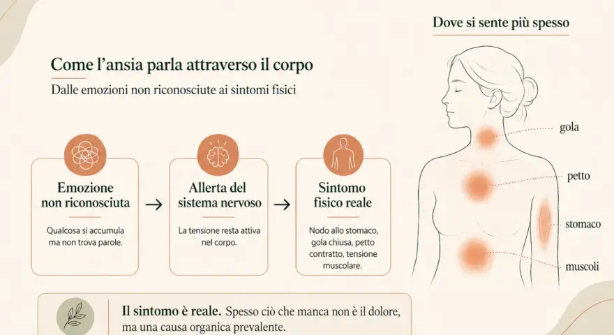 Il corpo manifesta la tensione nervosa con sintomi fisici: nodo allo stomaco, gola chiusa, petto contratto.