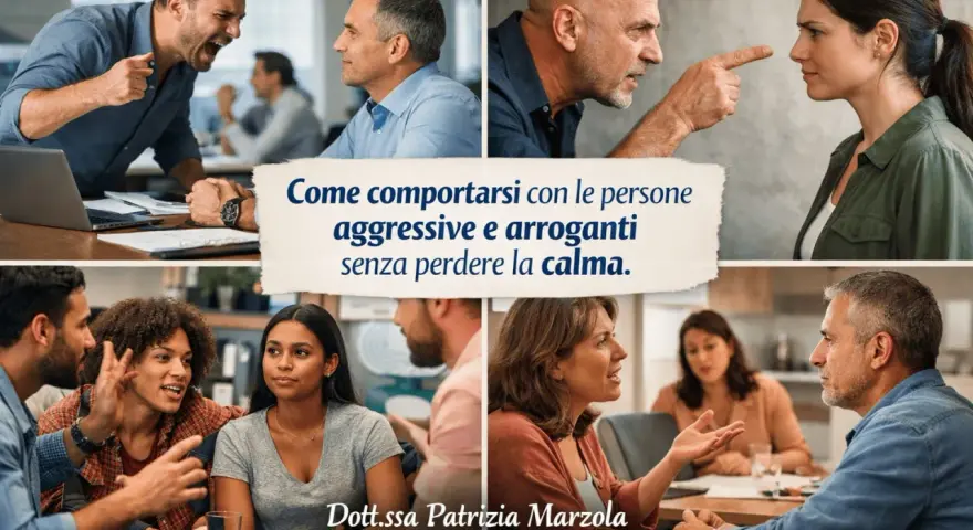 Immagini di persone in conflitto, con testo: "Come comportarsi con chi non ti rispetta senza perdere la calma.