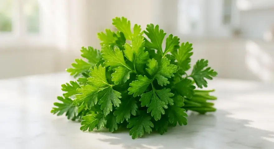 Un mazzetto di prezzemolo fresco e verde brillante, ideale per insaporire i piatti durante la gravidanza.