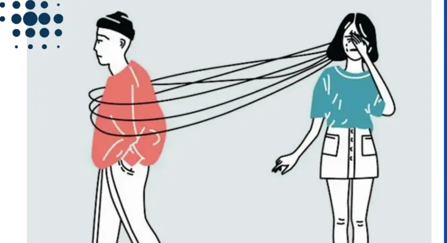 Una donna piange, legata a un uomo che si allontana. Le cause della dipendenza affettiva sono complesse.