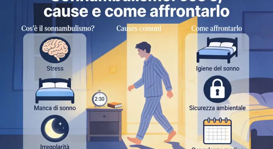 Il sonnambulismo può avere **cause psicologiche** come stress e mancanza di sonno. L'immagine illustra anche come affrontarlo con igiene del sonno e consulenza medica.
