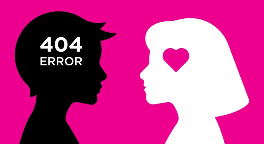 Silhouettes di una coppia. La testa dell'uomo è nera con "404 ERROR" scritto sopra. La testa della donna è bianca con un cuore rosa al posto dell'occhio. Sembra che mio marito non mi ami più.