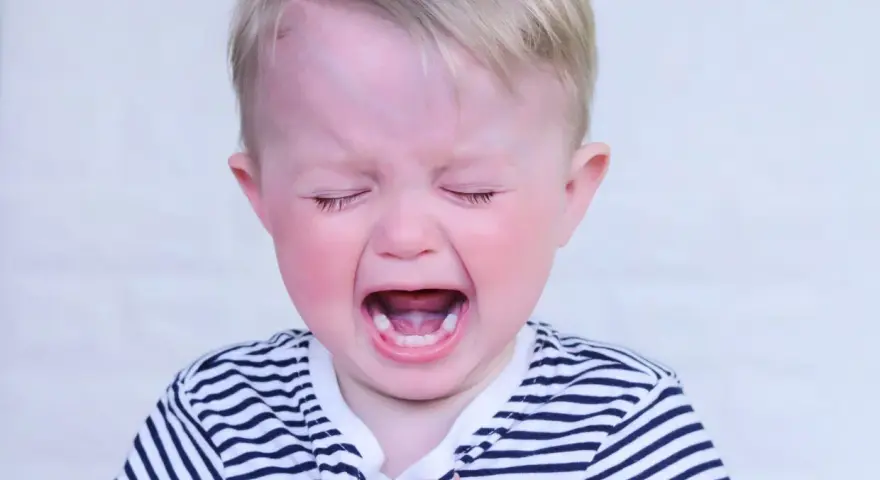 Bambino di 2 anni con capelli biondi, occhi chiusi e bocca spalancata in un pianto disperato, tipico dei capricci continui. Indossa una maglietta a righe.