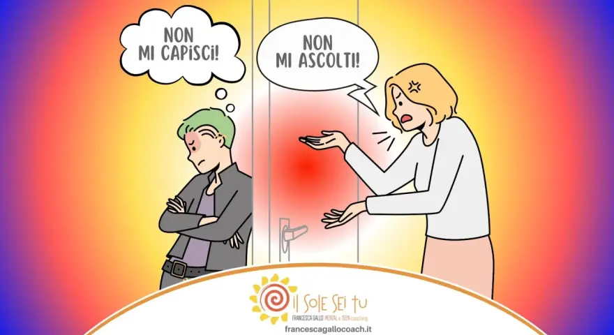 Mamma e figlio adolescente in conflitto: "Non mi capisci!" vs "Non mi ascolti!". Una scena comune su come affrontare l'adolescenza di un figlio maschio.