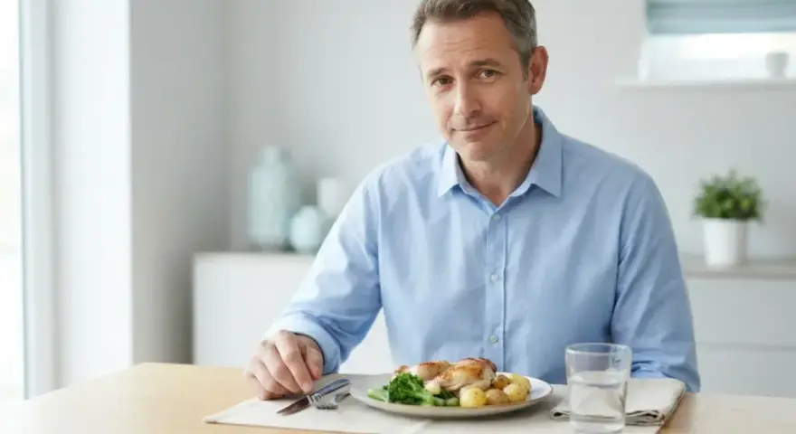 Uomo con piatto di pollo e patate, sguardo incerto, forse con paura di mangiare.