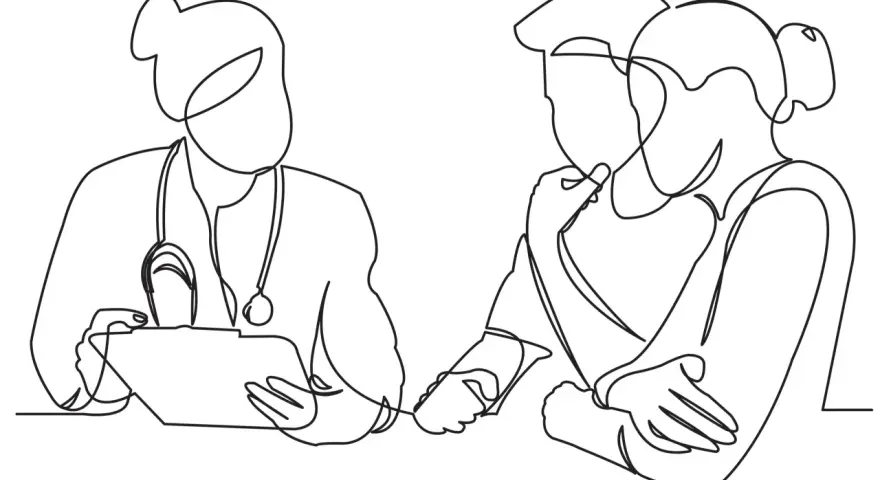 Medico con stetoscopio parla con una coppia che si tiene per mano, un momento di supporto per perdonarsi dopo un aborto.