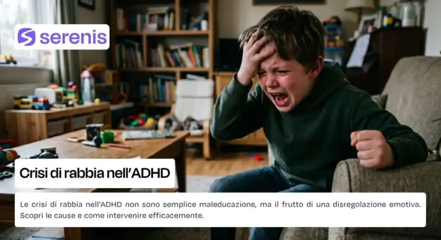 Bambino con ADHD in crisi di rabbia, manifestando disregolazione emotiva. Le esplosioni emotive sono comuni.