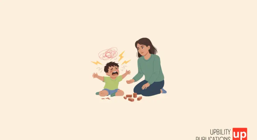 Bambino di 7 anni con disturbi comportamentali urla e piange, mentre la madre cerca di calmarlo.