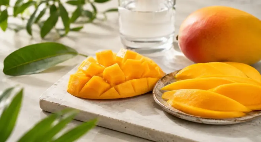 Un succoso mango, tagliato a cubetti e a fette, pronto per essere gustato. Sembra un mango in gravidanza, pieno di dolcezza e vitalità.