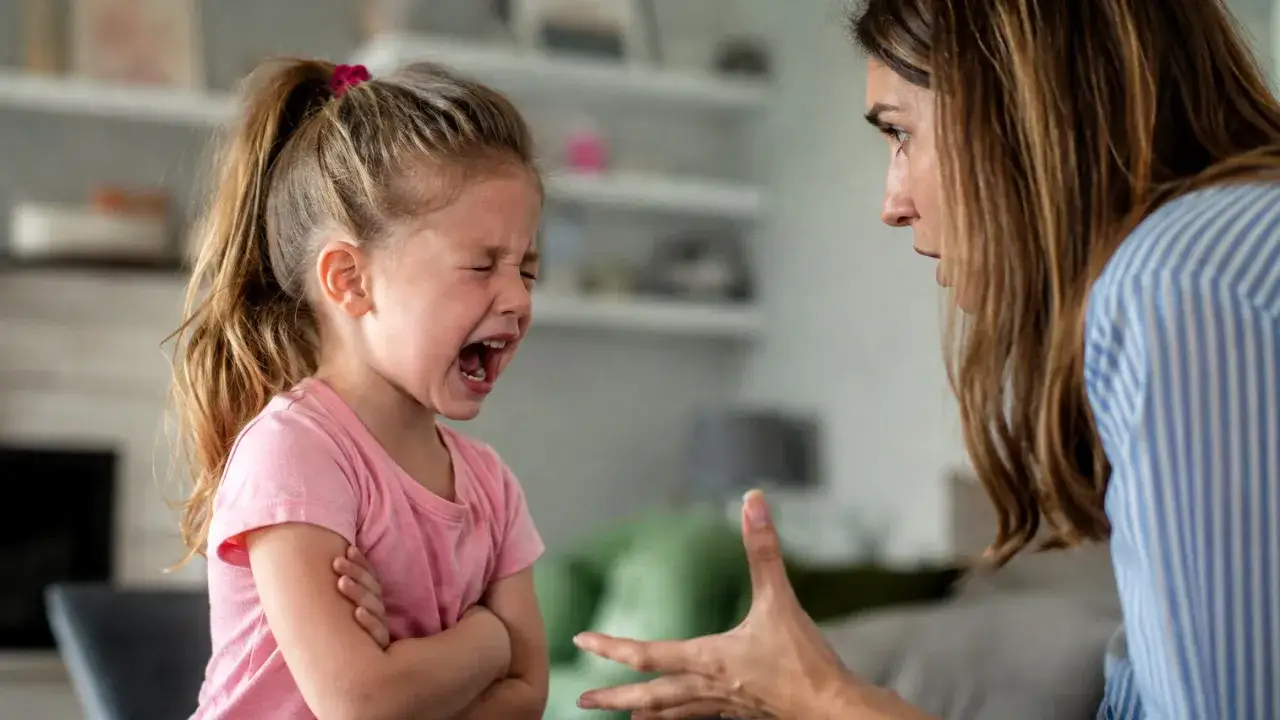 Bambina piange disperata, mostrando disregolazione emotiva. La madre cerca di calmarla.