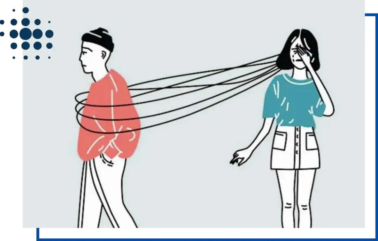 Illustrazione di una persona che si allontana, legata da fili a un'altra persona che piange, simboleggiando le cause della dipendenza affettiva.