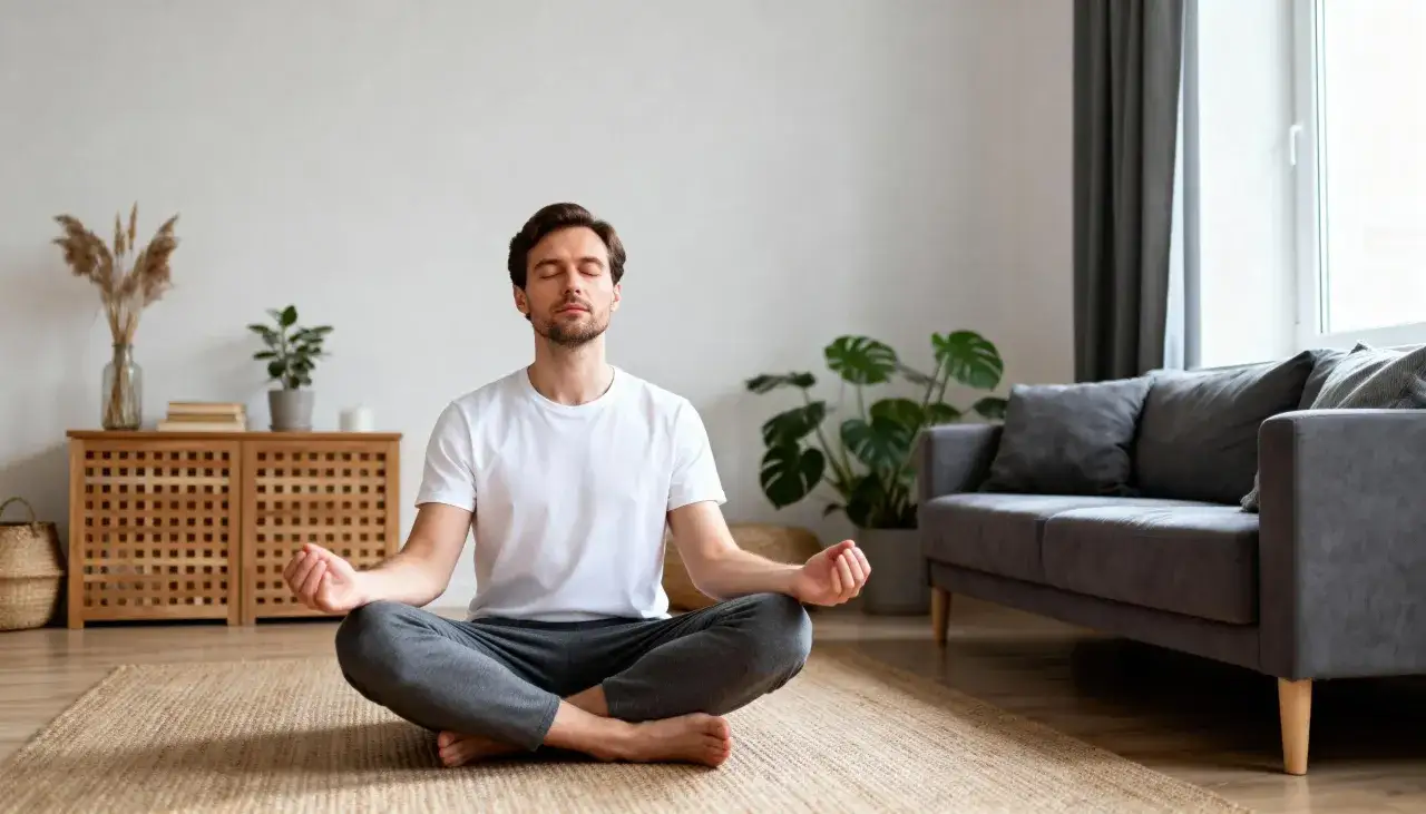 Uomo in meditazione in soggiorno, un momento di pace per accettare se stessi e trovare equilibrio interiore.