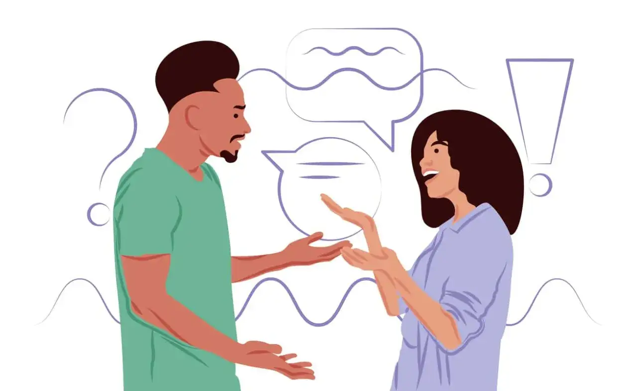 Uomo e donna discutono animatamente, con fumetti e simboli di punto interrogativo ed esclamativo. Sembra una scena di litigare con un borderline.
