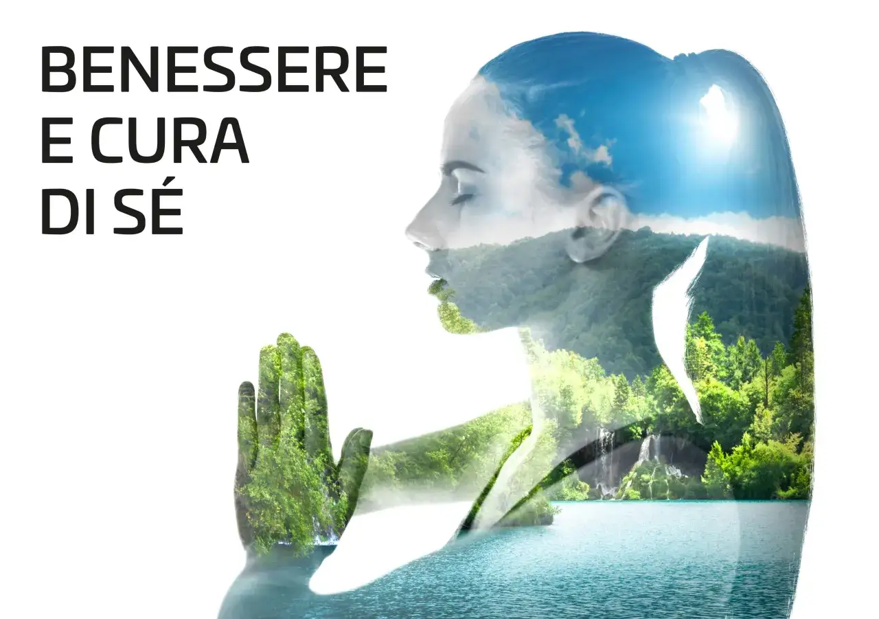 Volto di donna sovrapposto a paesaggio naturale con lago e cascate. Un invito a prendersi cura di s&eacute;, trovando pace interiore.