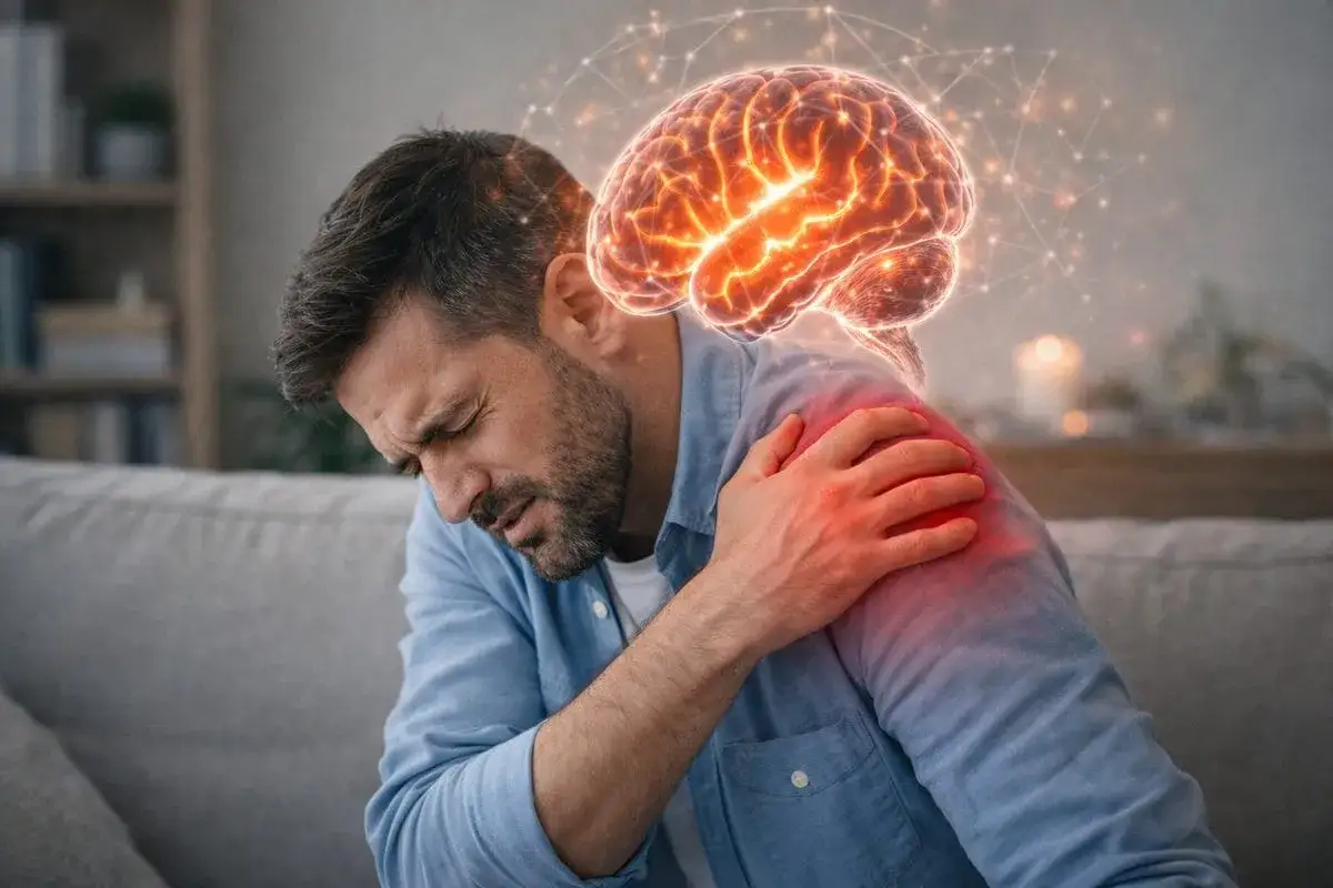Uomo con dolore alla spalla, che simboleggia i stress da lutto sintomi fisici. Cervello luminoso sopra la testa.