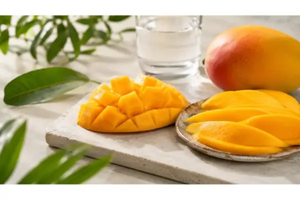 Un succoso mango, tagliato a cubetti e a fette, pronto per essere gustato. Sembra un mango in gravidanza, pieno di dolcezza e vitalità.